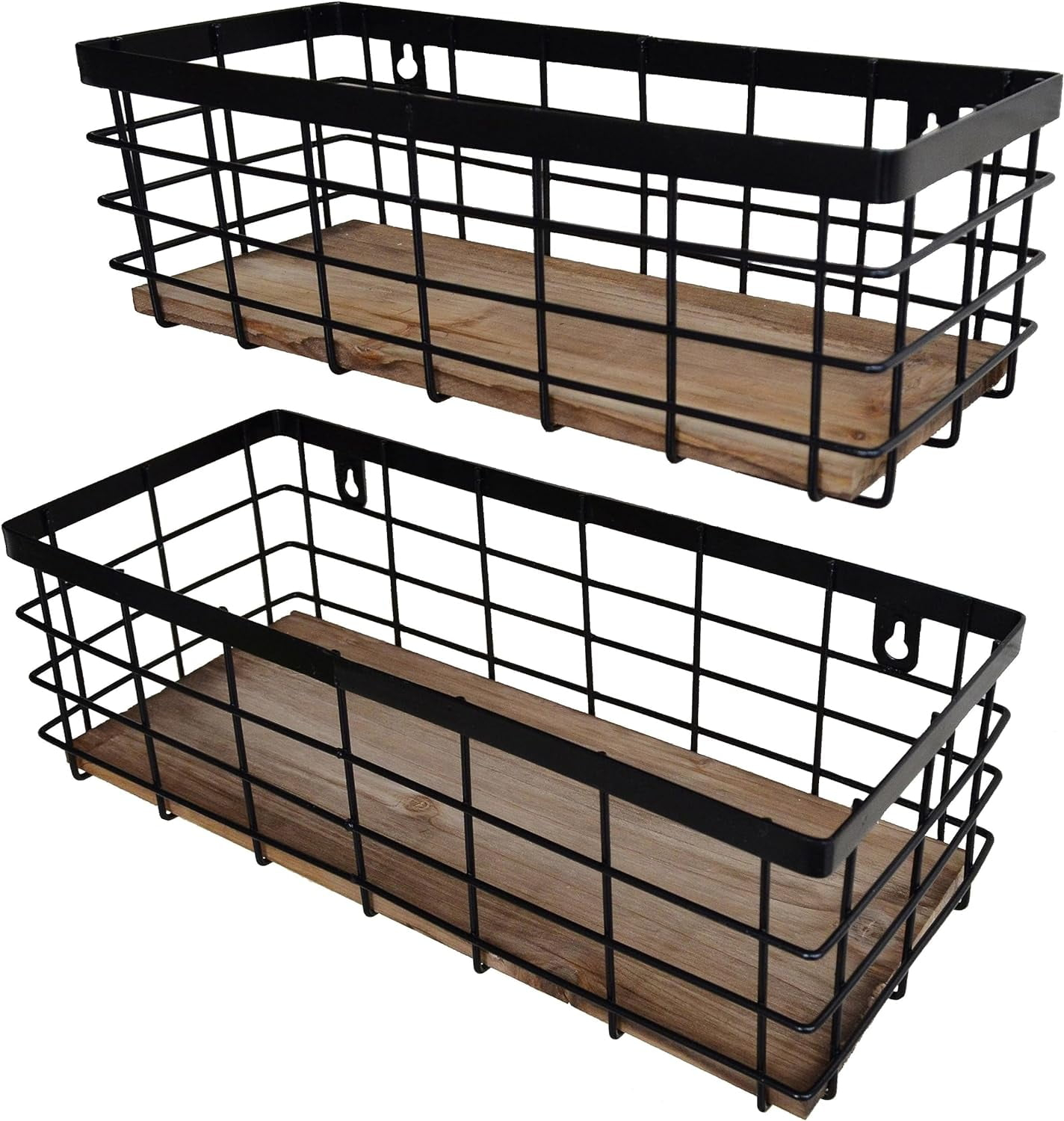 Metal Wire Basket Detachable Wood Base Storage Organizer Farmhouse Small Bins for Kitchen Cabinets, Bathroom, Pantry, Laundry Room, Closets Set of 2,Black Color