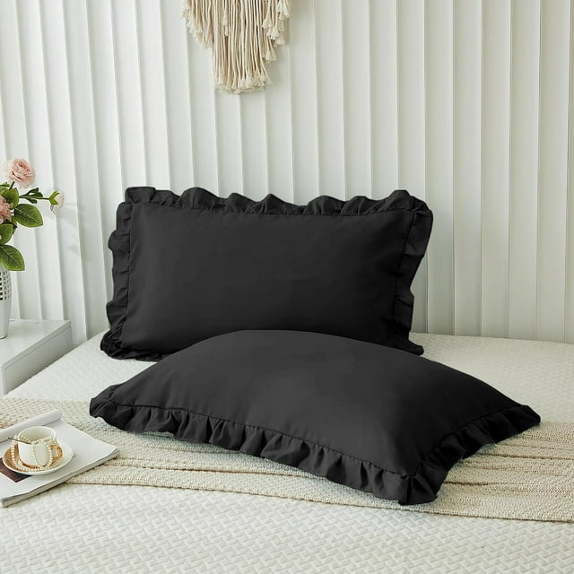 Grace Linen Ruffle Pillow Shams Standard Size Set of 2, 20X26 - Microfiber Soft & Breathable & smooth - Ruffle Pillowcases 20X26 - Black