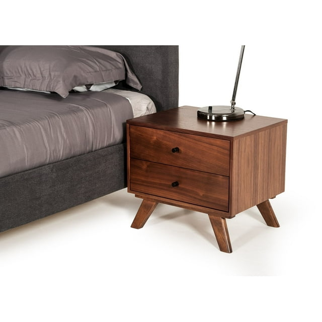 Mid Century Classic Box Shaped Walnut Nightstand with Two Drawers