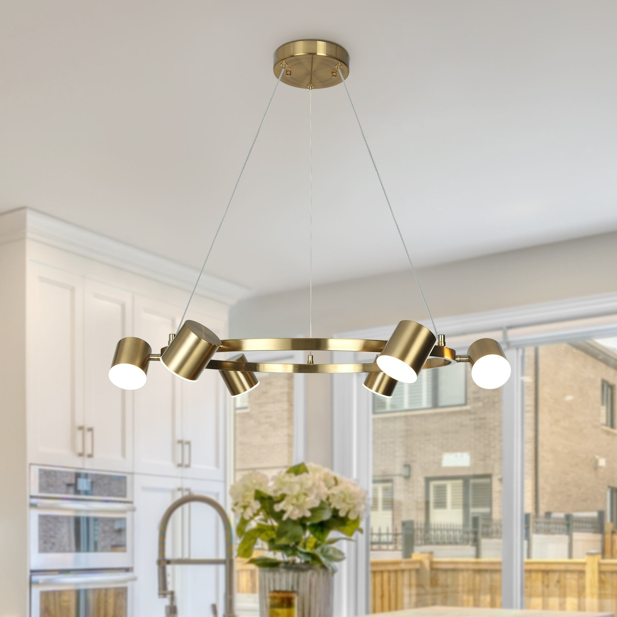 Mid-Century Modern 6-Light Gold LED Wagon Wheel Chandelier Metal Pendant Lights for Dining Room Electroplated Brass