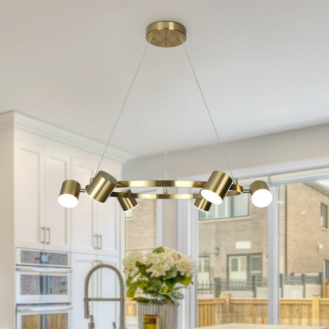 Mid-Century Modern 6-Light Gold LED Wagon Wheel Chandelier Metal Pendant Lights for Dining Room Electroplated Brass