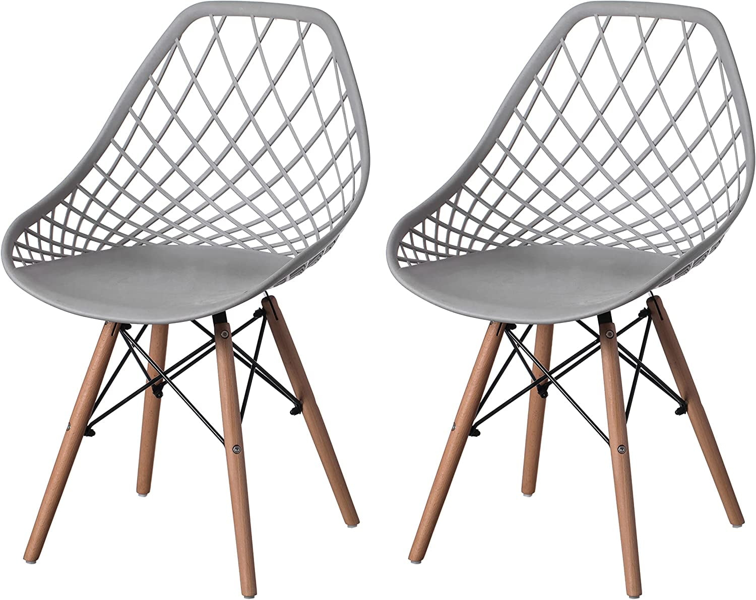 Mid-Century Modern Style Plastic DSW Shell Dining Chair with Lattice Back and Wooden Dowel Eiffel Legs, Grey Set of 2
