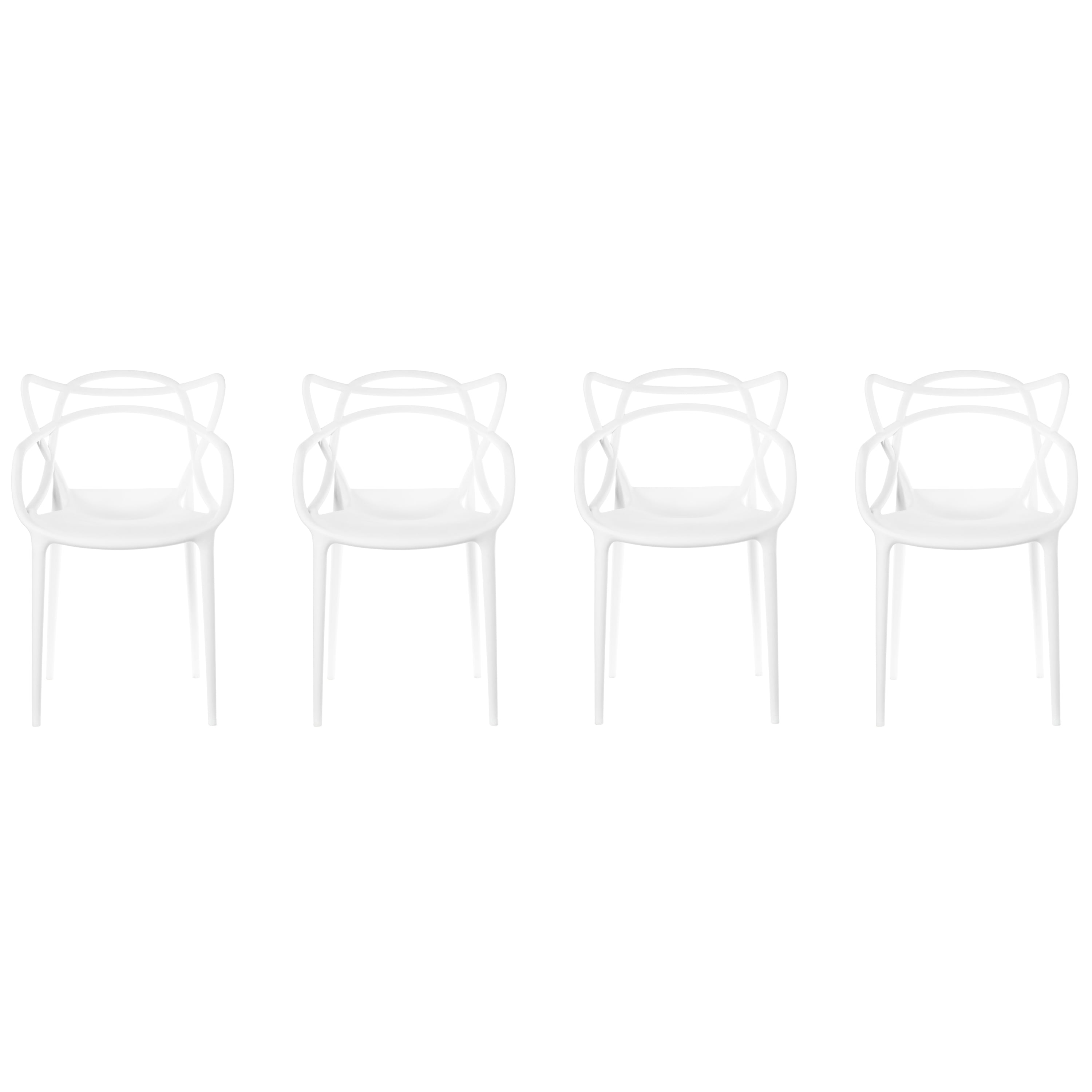 Fabulaxe Mid-Century Modern Style Stackable Plastic Molded Arm Chair with Entangled Open Back, Set of 4 White