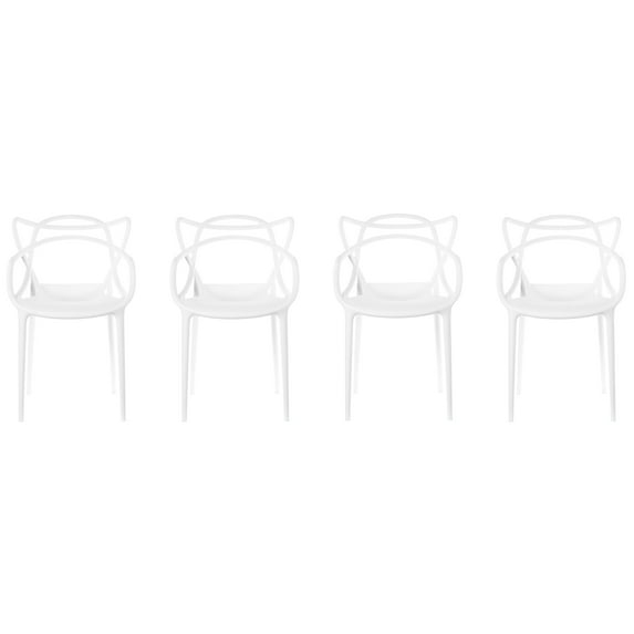 Fabulaxe Mid-Century Modern Style Stackable Plastic Molded Arm Chair with Entangled Open Back, Set of 4 White