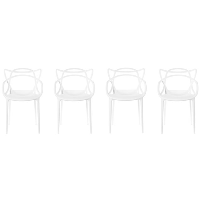 Fabulaxe Mid-Century Modern Style Stackable Plastic Molded Arm Chair with Entangled Open Back, Set of 4 White