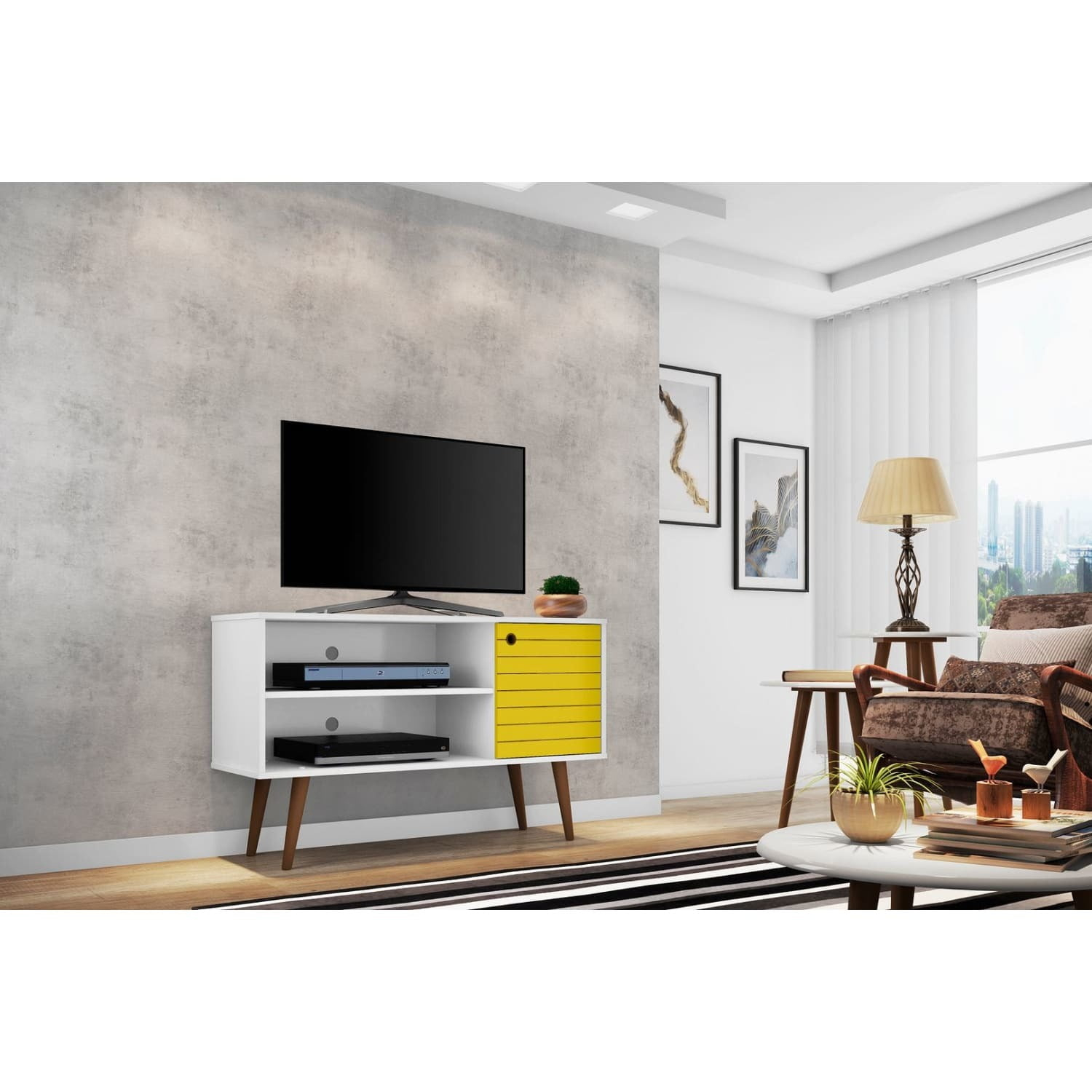 Manhattan Comfort Liberty 42.52" Mid Century Modern TV Stand, White and Yellow