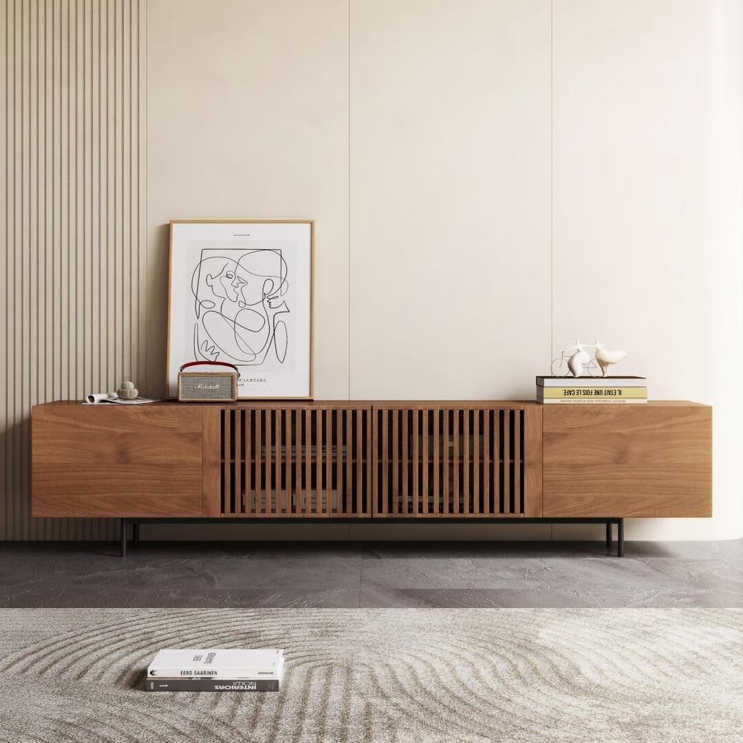 Mid-Century Modern TV Stand with 4 Doors Storage Cabinets, Fits TVs Up to 100 Inches, Living Room Entertainment Center 94.48"D x15.75"W x 21.65"H