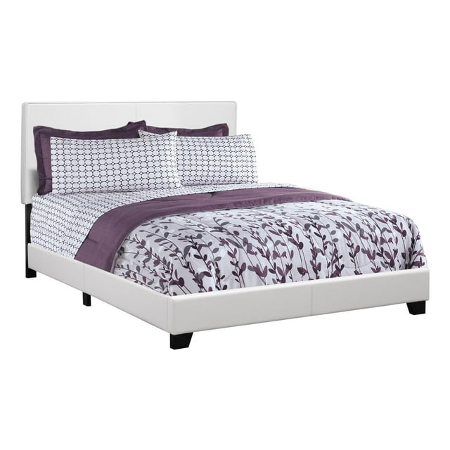 Monarch Specialties Bed Queen Size Platform Bedroom Frame Upholstered Pu Leather Look Wood Legs White Transitional
