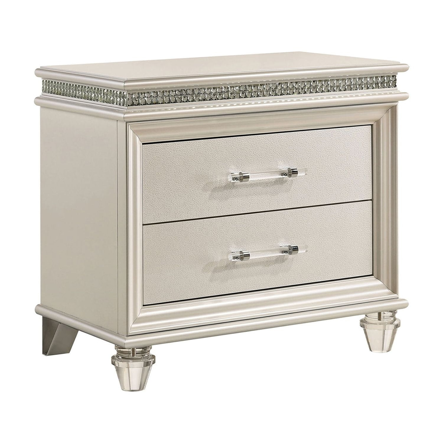 Miekor Furniture Crystal and Mirror Accents Nightstand with 2 Drawers, Pearl White 1600