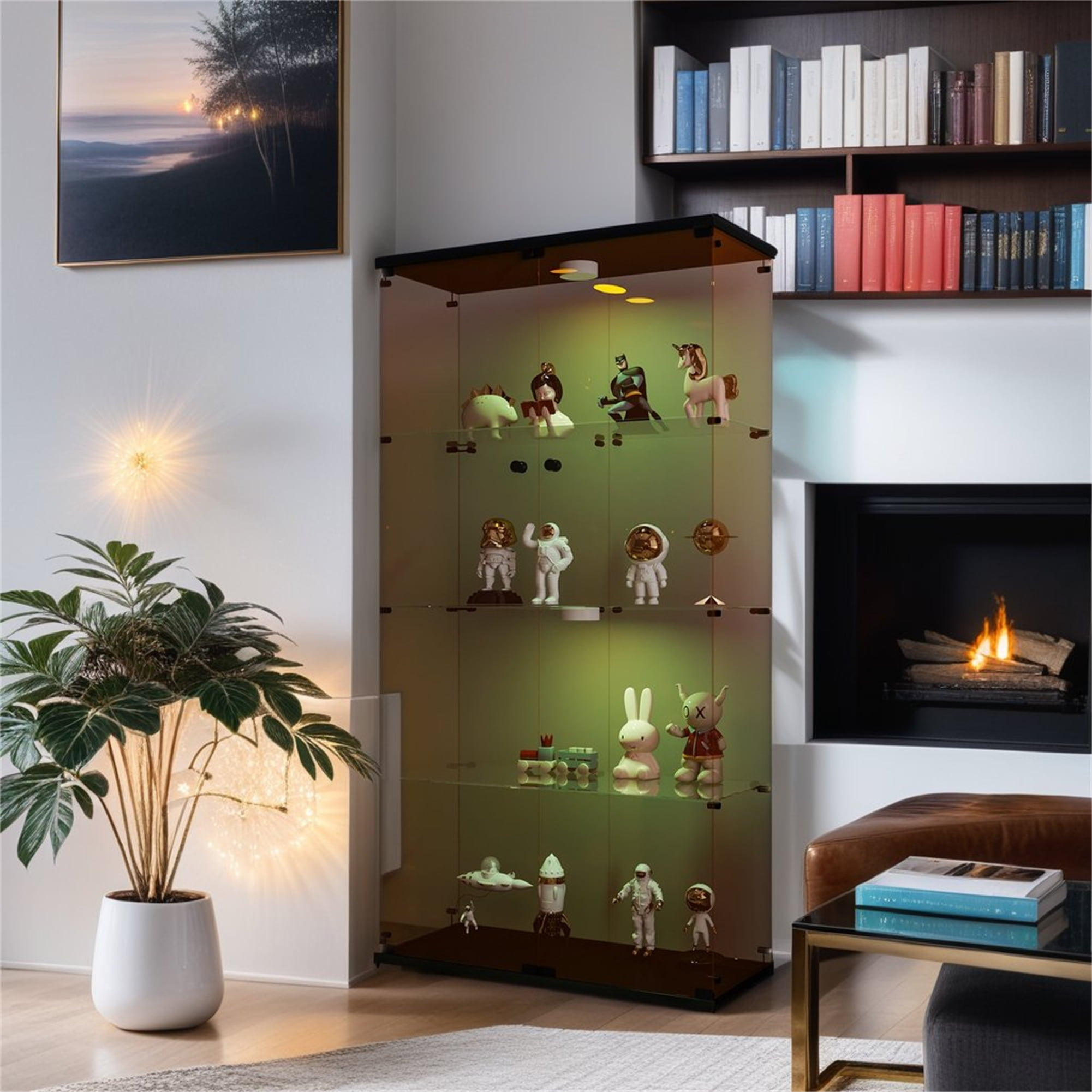 Miekor Furniture Lighted Two Door Glass Cabinet Glass Display Cabinet With 4 Shelves, Brown 00008