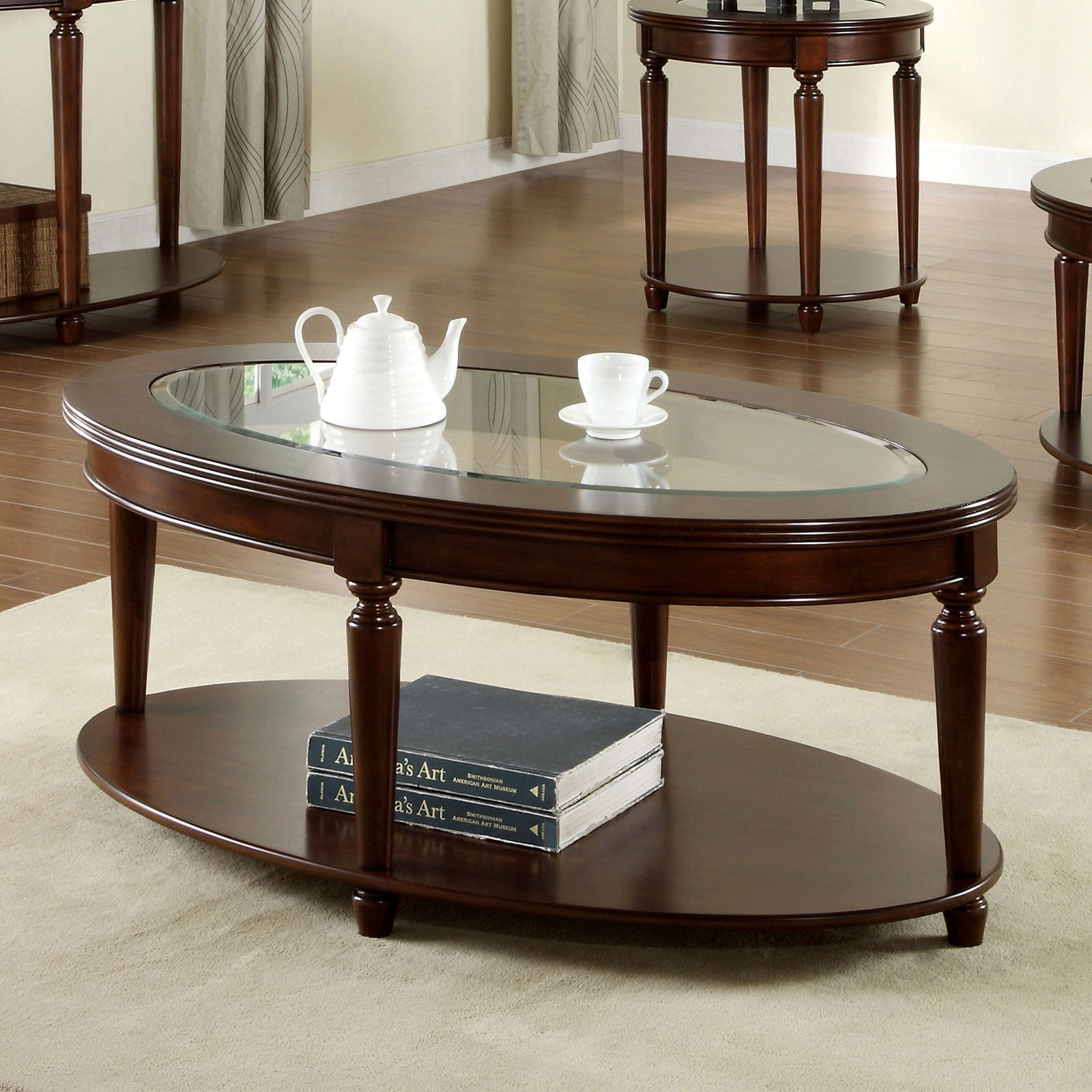 Miekor Furniture Transitional 1Pc Coffee Table Dark Cherry Open Bottom Shelf Beveled Glass Top Turned Legs Living Room Furniture 44698