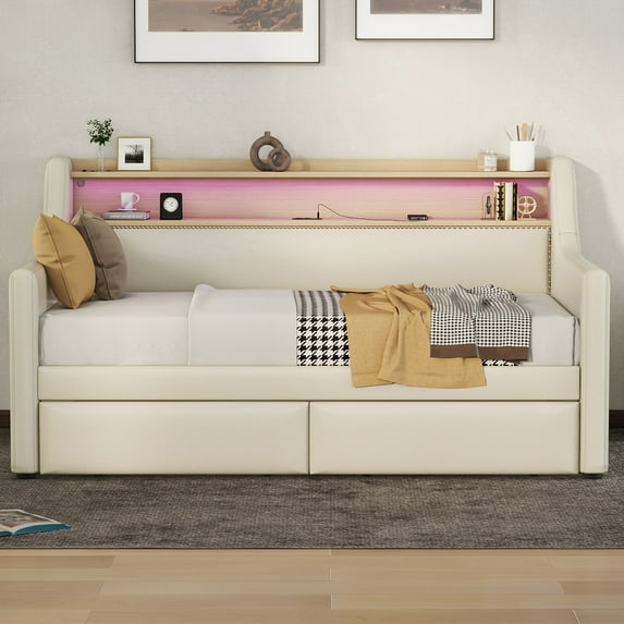 Miekor Muebles Sofá Cama Twin con Cajones de Almacenamiento, Sofá Cama Tapizado con Estación de Carga y Luces Led, Beige (Artículo Antiguo W1580S00022) 00033