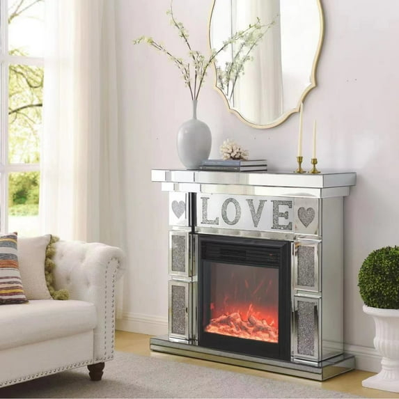 Silver Acrylic Diamond Mirror Fireplace Cabinet with LED Flames