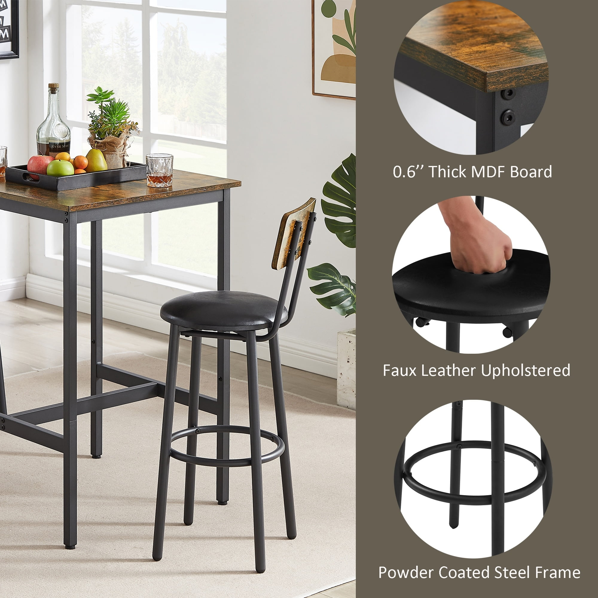 Mieres  Industrial Style Rustic Farmhouse 3 Pieces Dining Table Set, Bar Table Set with 2 Bar Stools for Kitchen, Dining Room Rustic Brown