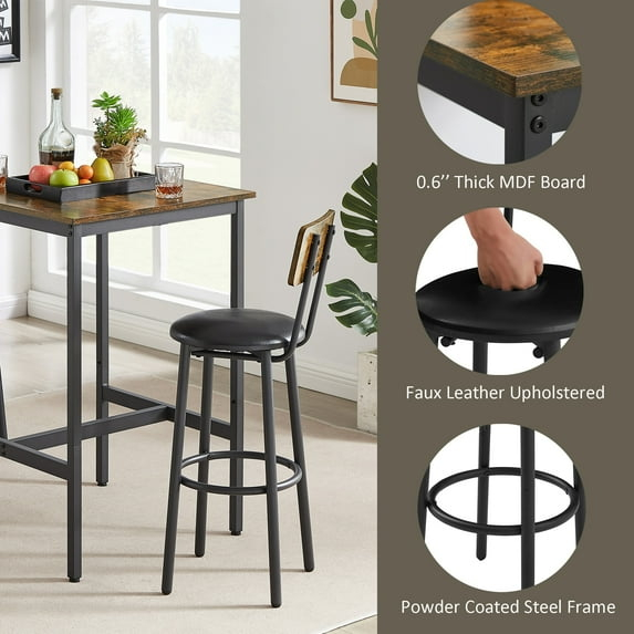 Mieres  Industrial Style Rustic Farmhouse 3 Pieces Dining Table Set, Bar Table Set with 2 Bar Stools for Kitchen, Dining Room Rustic Brown