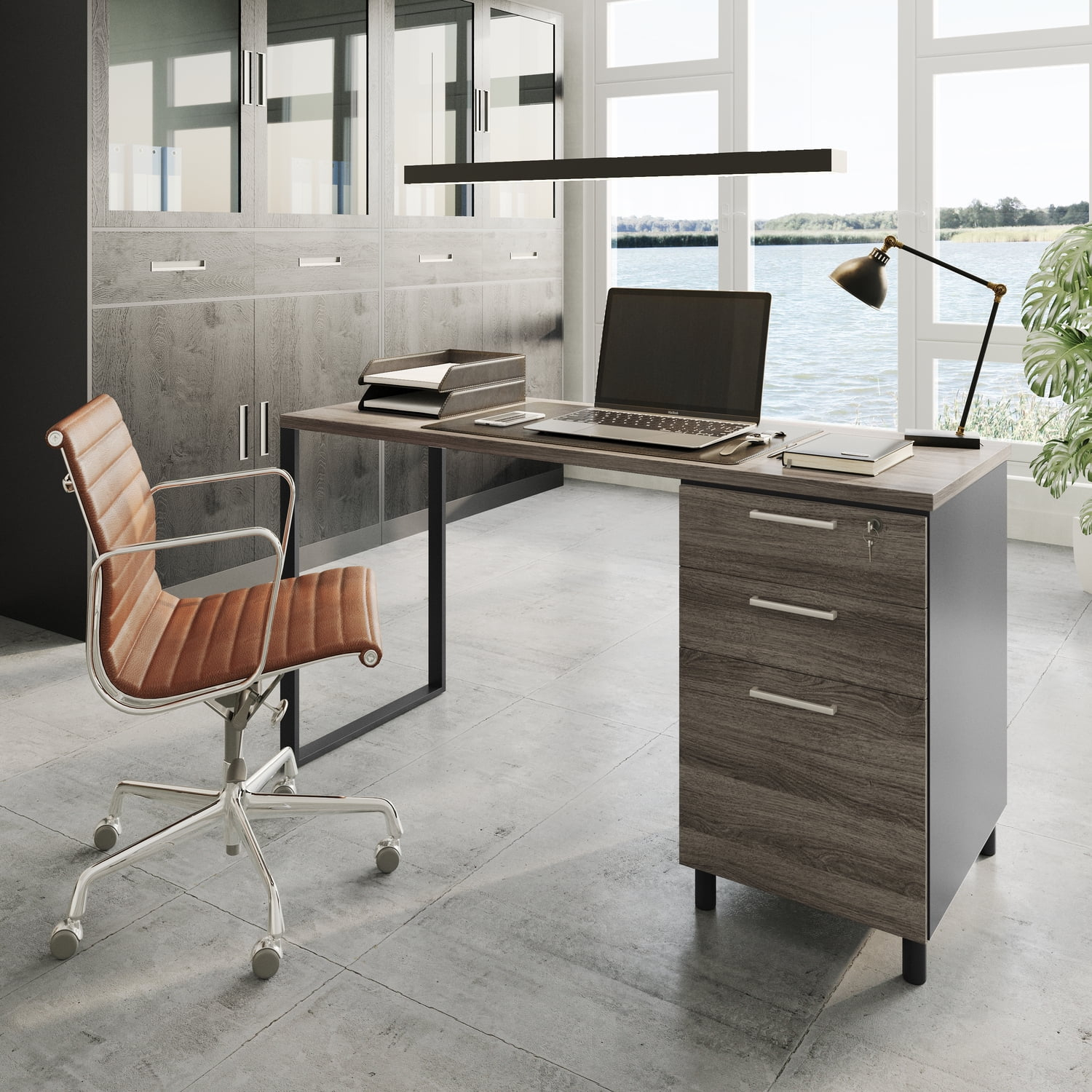 Modern Designs by Crafts and Comfort Milano Modern Home & Office Computer Desk - 47 Inch with 3 Locking Drawers - Wooden Study Writing Desk with Storage Space - Grey/Black