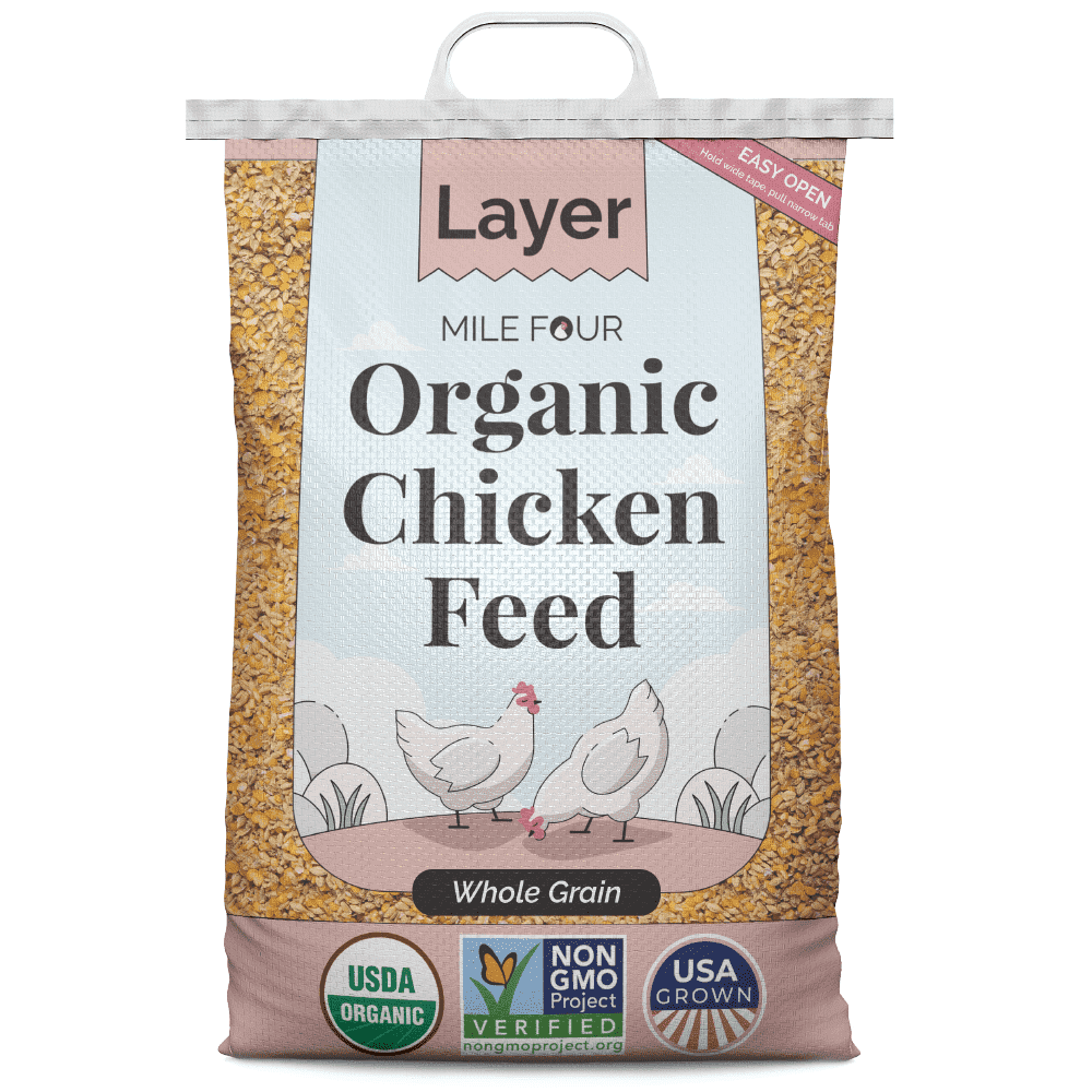Mile Four | Layer Organic Chicken Feed | 100% US Grown Grains, Certified Organic, Certified Non-GMO, Corn-Free, Soy-Free, Non-Medicated Chicken Food | 16% Protein | Whole Grain | 23 lbs.