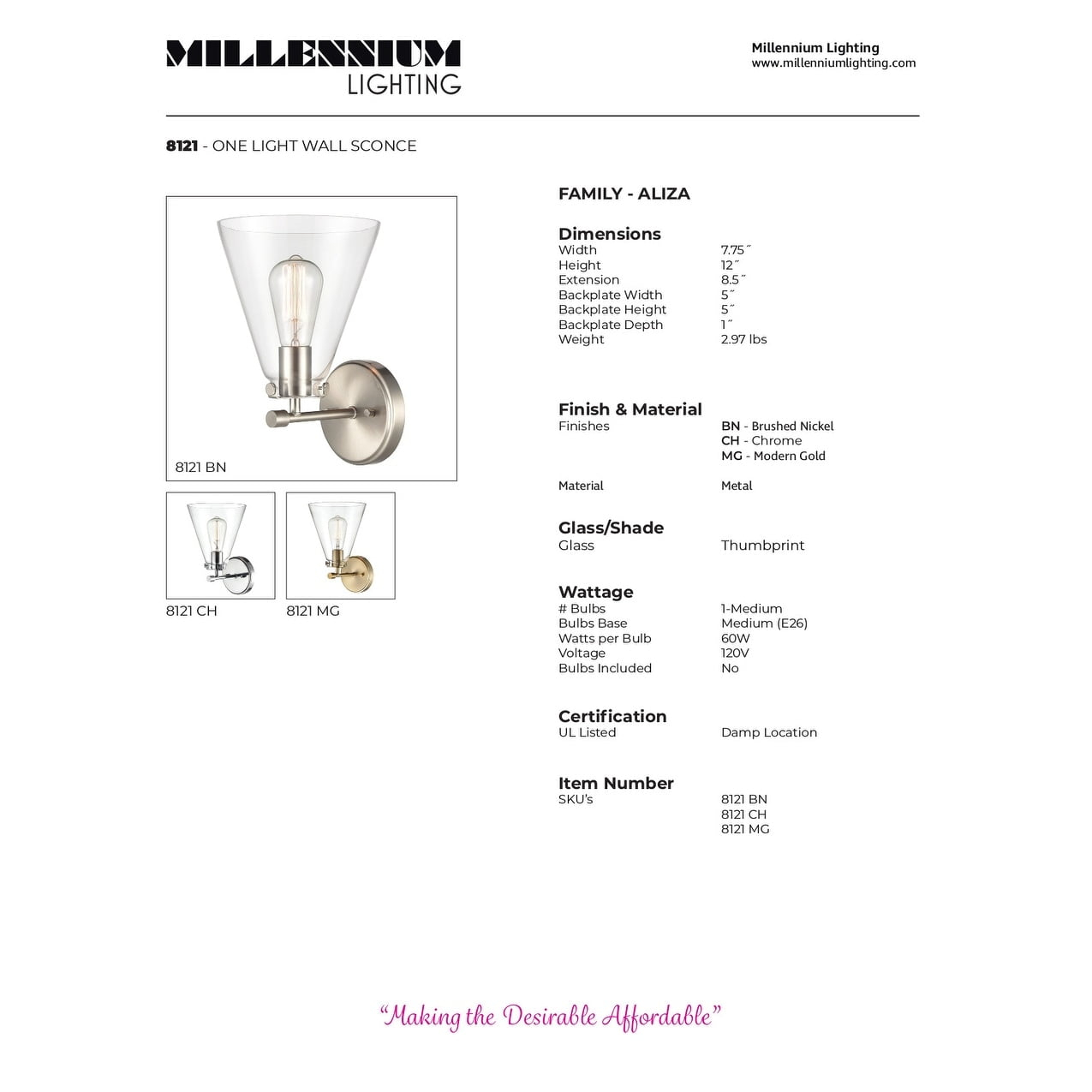 Millennium Lighting  Aliza 1 Light Wall Sconce Modern Gold Gold Matte
