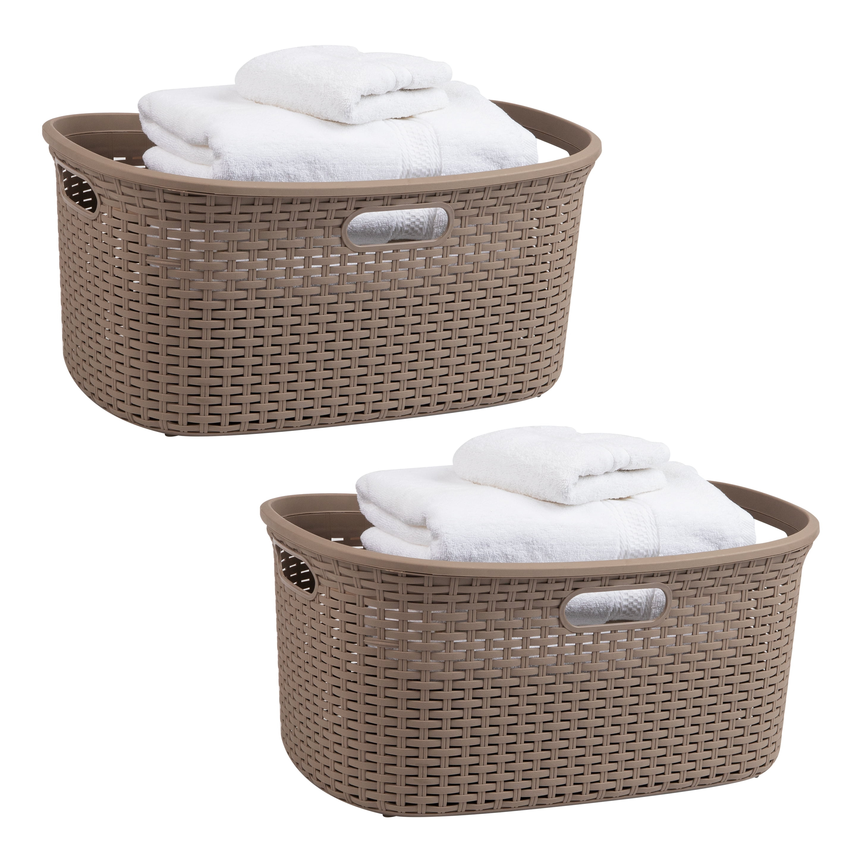 Mind Reader 40L Laundry Basket, Clothes Hamper, Lid, Wicker Design, Plastic, 23"L x 14.5"W x 11"H, Set of 2, Tan