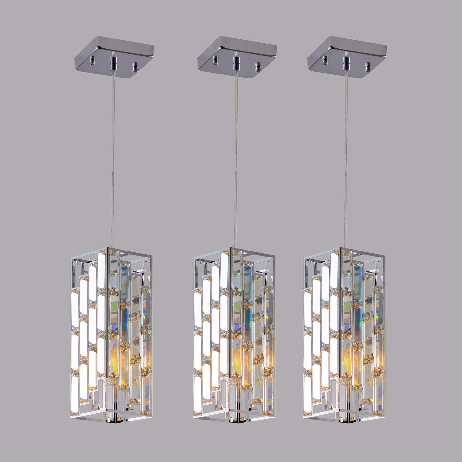 Miniyam Modern Crystal Pendant Light, 3-Pack Adjustable Hanging Ceiling Lamp for Dining Room, Chrome
