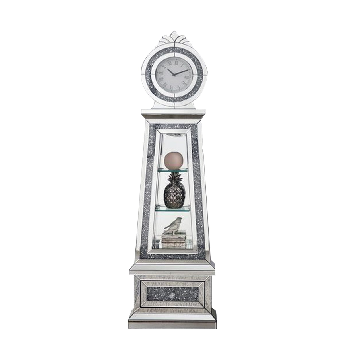 Mirrored Grandfather Clock with 3 Open Compartments Silver - Saltoro Sherpi