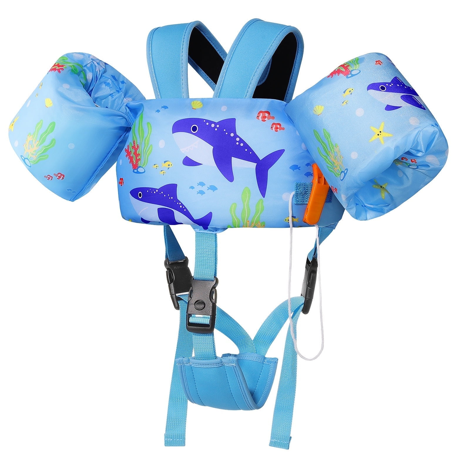 MoKo Swim Vest for Kids 20-50lbs Boys Girls, Swim Arm Floaties Band with Whistle and Double Security Buckle for 2,3,4,5,6,7 Years Old, Blue Shark