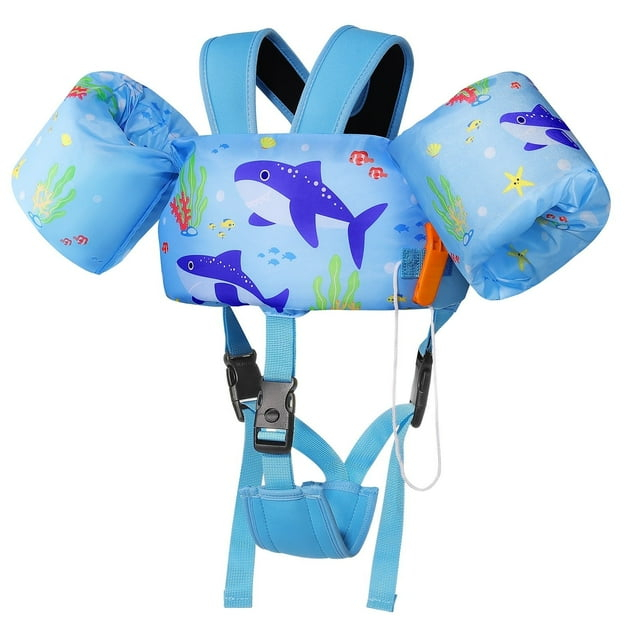 MoKo Swim Vest for Kids 20-50lbs Boys Girls, Swim Arm Floaties Band with Whistle and Double Security Buckle for 2,3,4,5,6,7 Years Old, Blue Shark