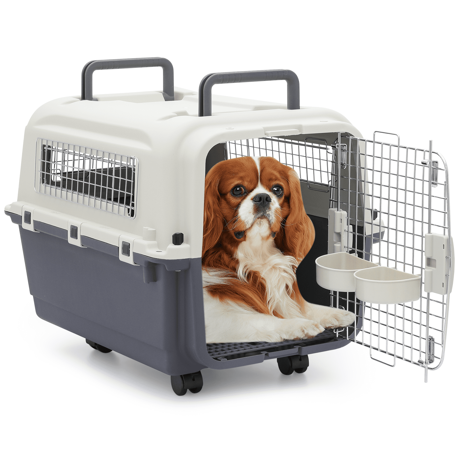 MoNiBloom Jaula Transpirable para Mascotas de 27 Pulgadas, Caja de Transporte, Perrera de Viaje para Perros con Tazones y Ruedas para Gatos y Gatitos, Aprobada por Aerolíneas, Blanco/gris