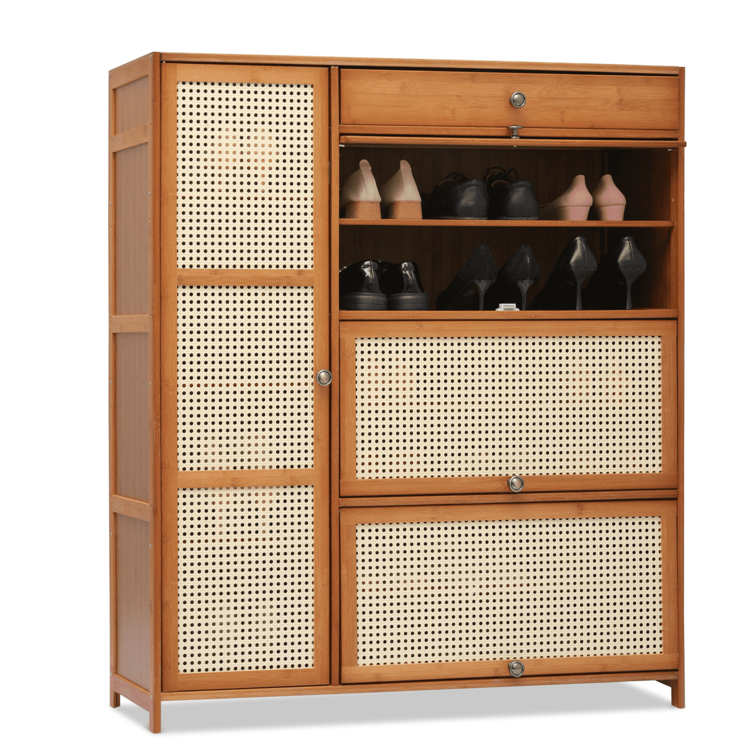 Magshion Bamboo 28 Pairs Shoe Cabinet, 6-Shelves Entryway Shoe Storage Cabinet with 4 Rattan Doors and 4 Compartments, Flip-Up Shoe Rack Organizer For Hallway, Brown
