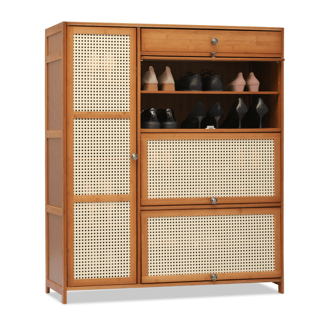 Magshion Bamboo 28 Pairs Shoe Cabinet, 6-Shelves Entryway Shoe Storage Cabinet with 4 Rattan Doors and 4 Compartments, Flip-Up Shoe Rack Organizer For Hallway, Brown