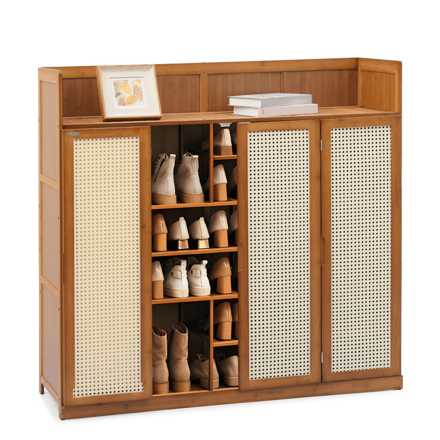 MoNiBloom Bamboo 30 Pairs Shoe Cabinet, 7-Tier Entryway Shoe Storage Cabinet with Foldable Rattan Doors and Boots Compartments, Shoe Rack Organizer For Hallway Living Room, Brown