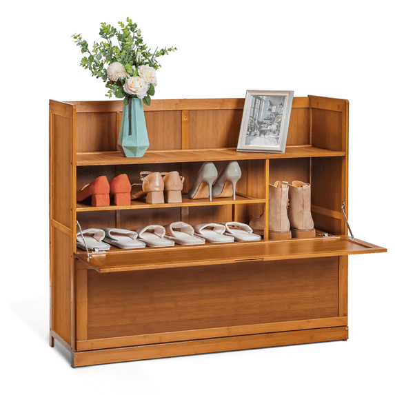 MoNiBloom Bamboo 5 Tiers 20 Pairs Shoes Rack with Door, Storage Cabinet, Brown, for Entryway