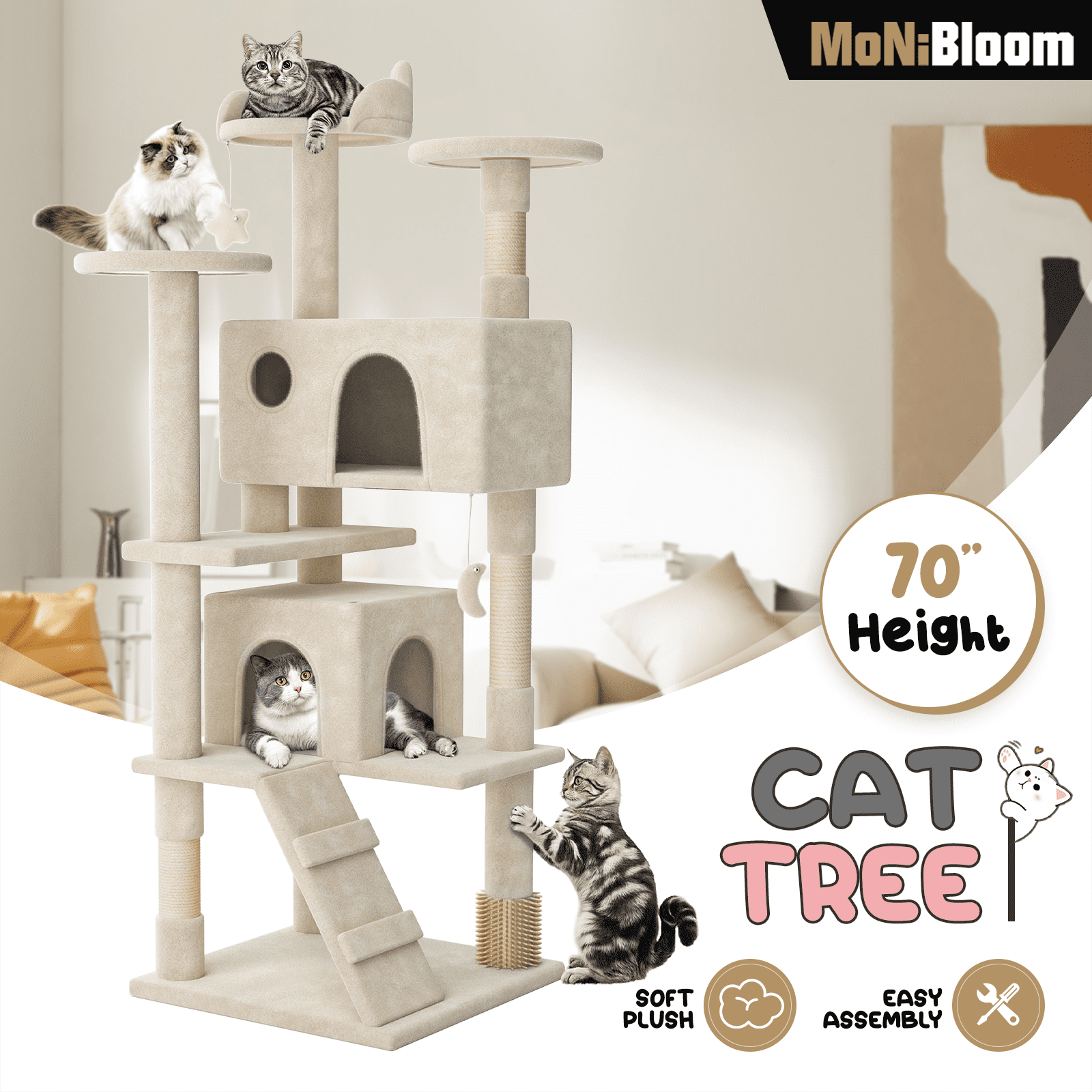 MoNiBloom Cat Tree Houses for Indoors, Multi-Level Cat Tree Tower, 70" Height（Beige）