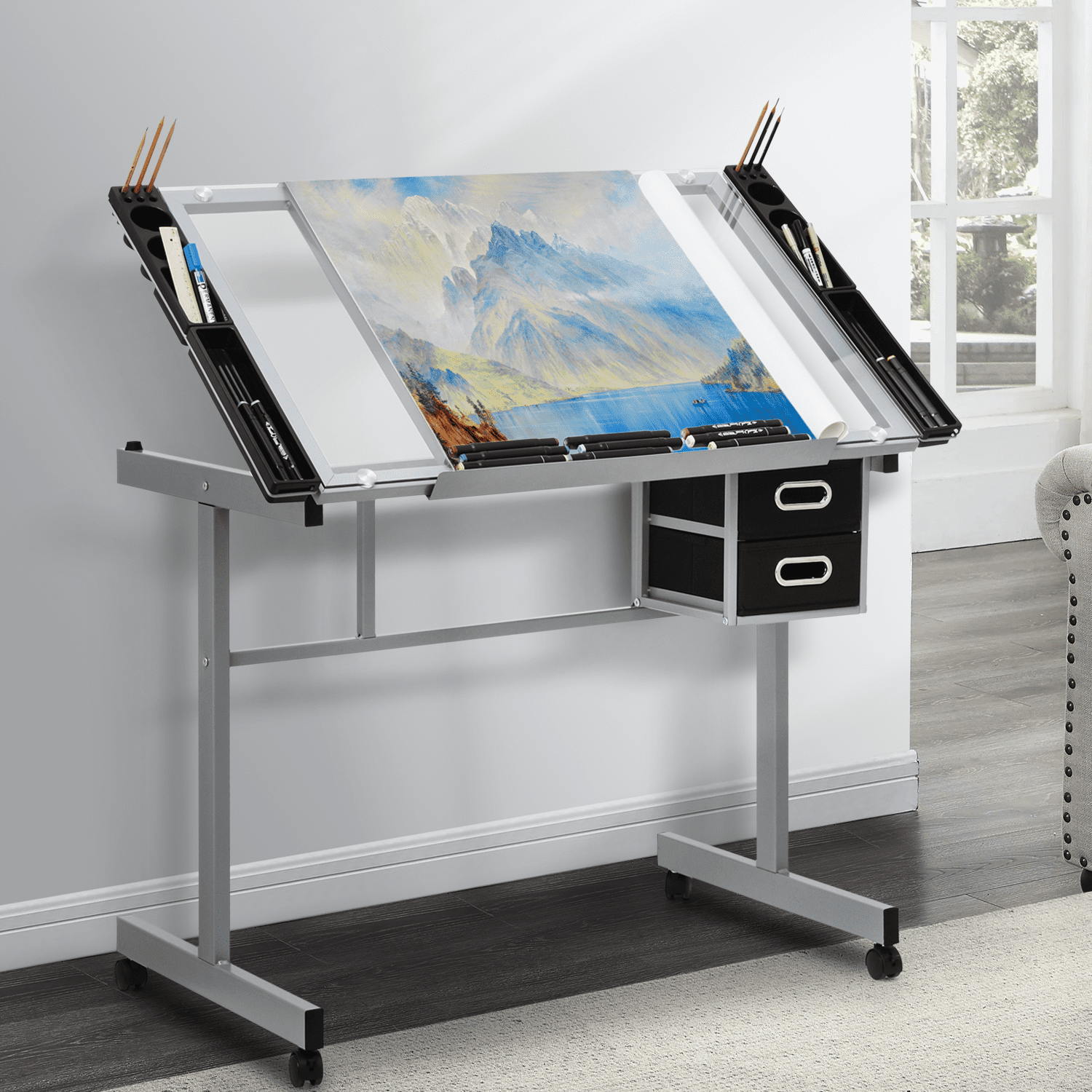 LIQI Drafting Table on Wheels with Storage & Side Tray - Adjustable 0-65° Glass Tabletop, Replaceable Feet Art Desk