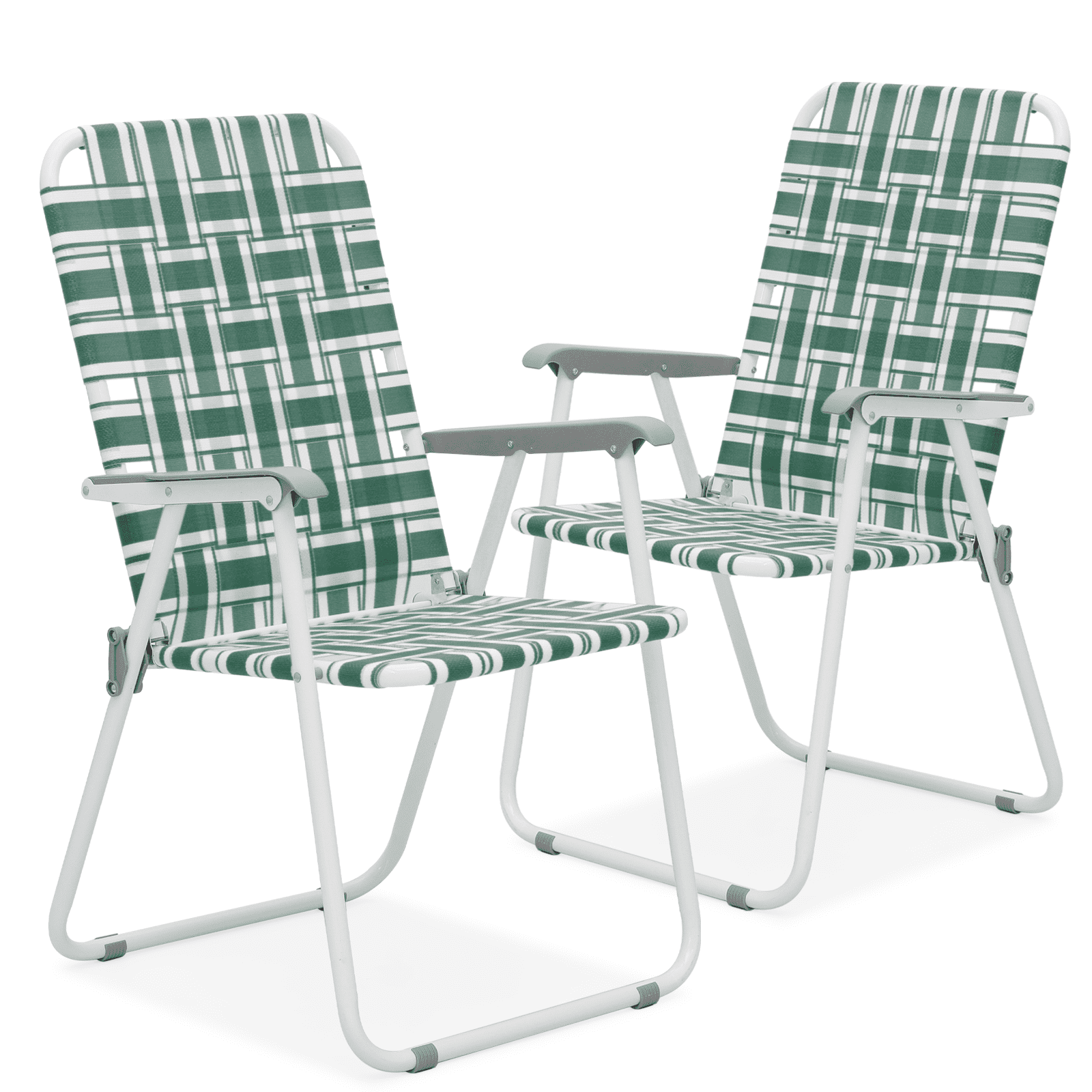 MoNiBloom Folding Webbed Beach Chairs Set of 2, Portable Camping Woven Seats with Armrests, for Outdoor Patio Lawn, Dark Green