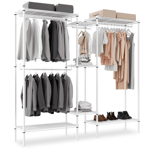 MoNiBloom Heavy Duty Clothes Rack L Shaped Clothing Rack for Corner, Wire Garment Rack Freestanding Wardrobe Rack for Bedroom, 73"Lx13.5"Wx71"H, White