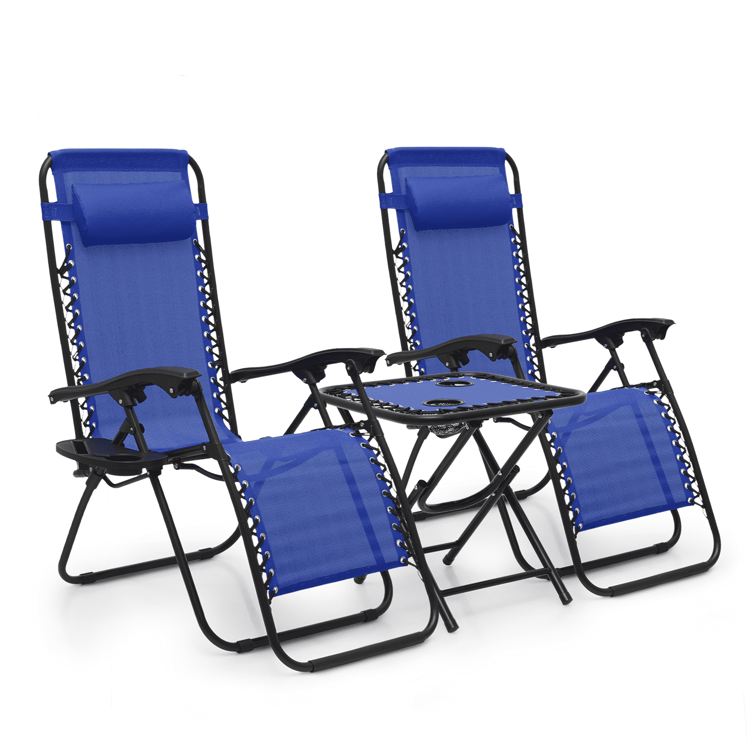 MoNiBloom Lounge Beach Chairs Set of 3 for Outside, Zero Gravity Camping Chairs with Side Table, Pillow and Tray, Blue