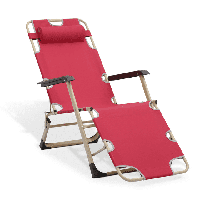 MoNiBloom Lounge Chair with Adjustable Headrest, Outdoor Foldable Recliner, Folding Reclining Lounger for Adults, Support 330lbs, Maroon