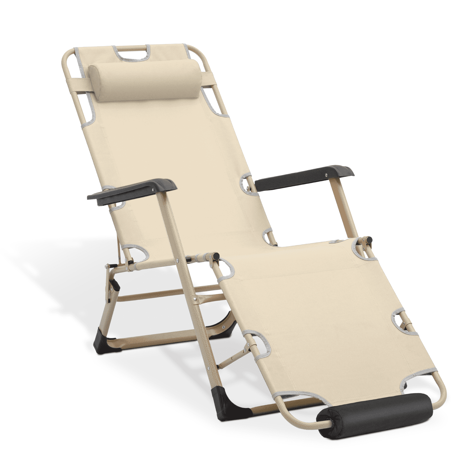 MoNiBloom Lounge Chair with Adjustable Headrest and Foot Pads, Outdoor Foldable Recliner, Folding Reclining Lounger for Adults, Support 330lbs, Cream