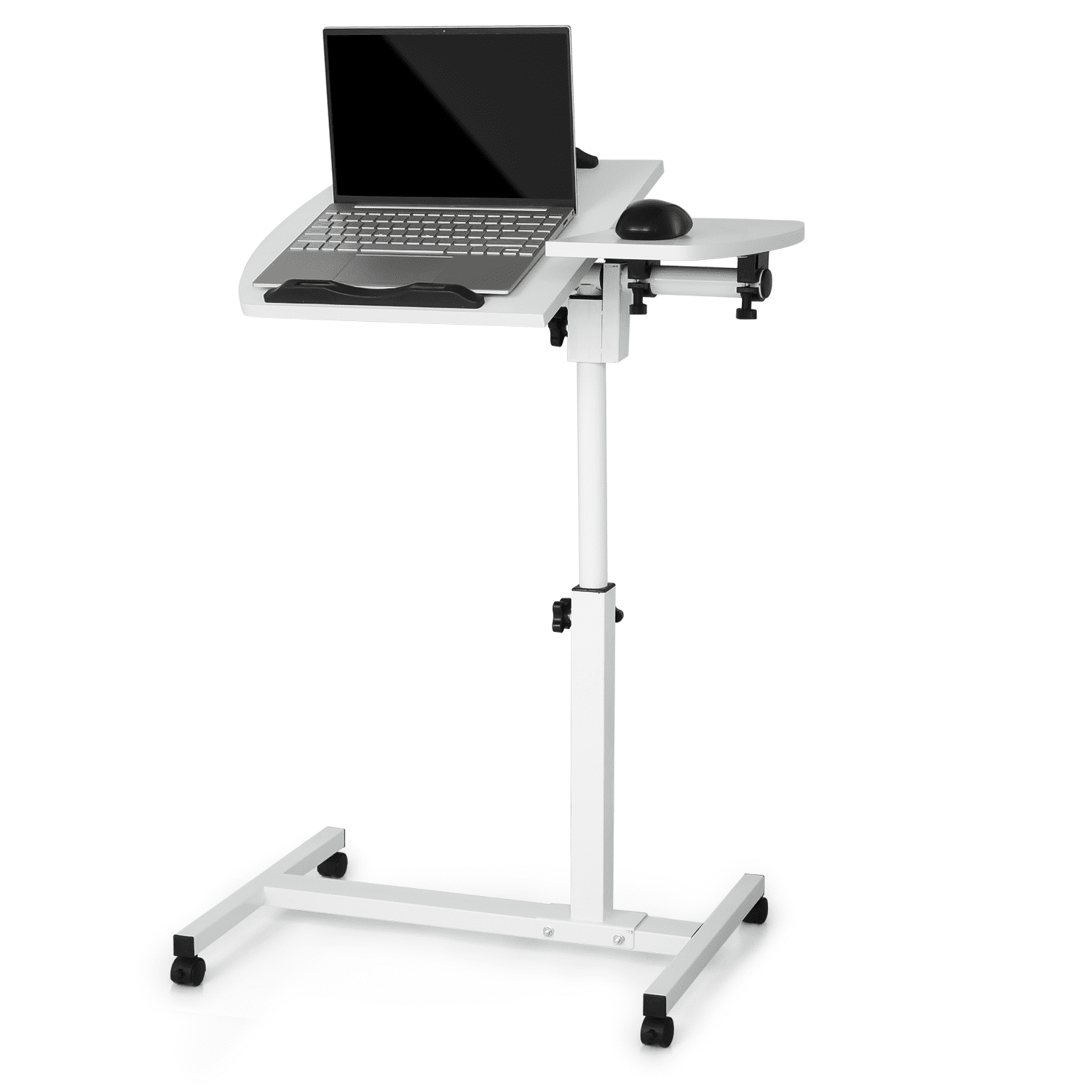MoNiBloom Mobile Laptop Desk Standing Desk with Wheels & Tilting Tabletop, Height Adjustable Sit Stand Computer Workstation, White