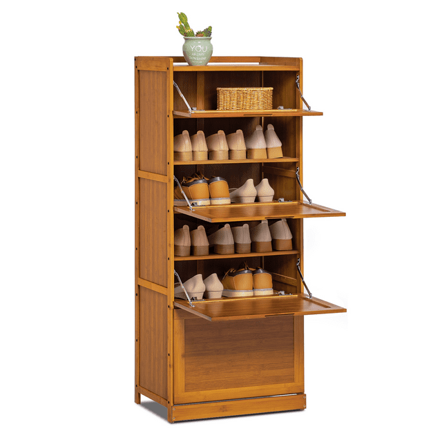 MoNiBloom Modern Bamboo 7 Tier 21 Pairs Shoes Sneaker Organizer Rack, Brown, for Hallway Entryway