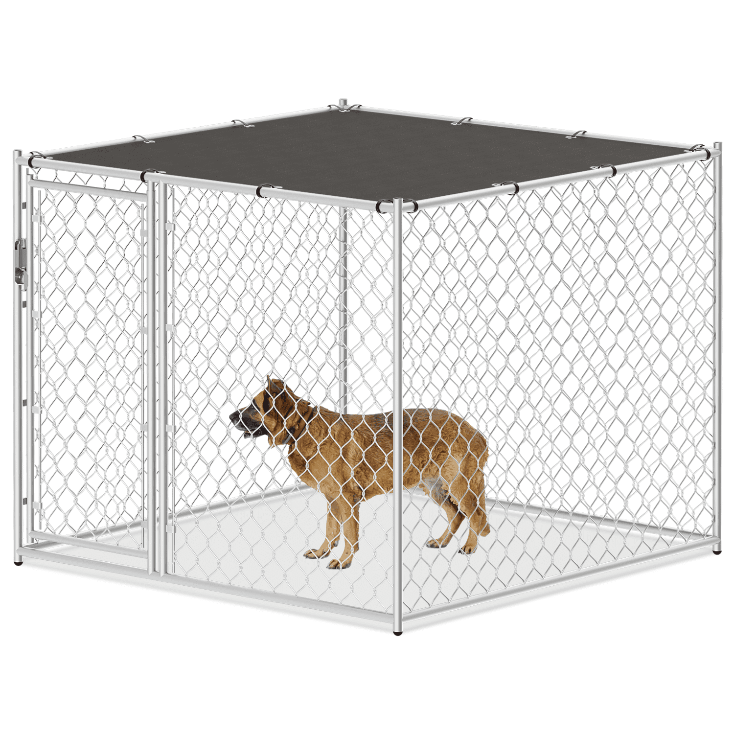 MoNiBloom Outdoor Dog Kennel with Shade Cover, Dog Cage Enclosure Heavy Duty Chain Link for Large Dog with Lockable Door, 60x60x49 Inch, Silver