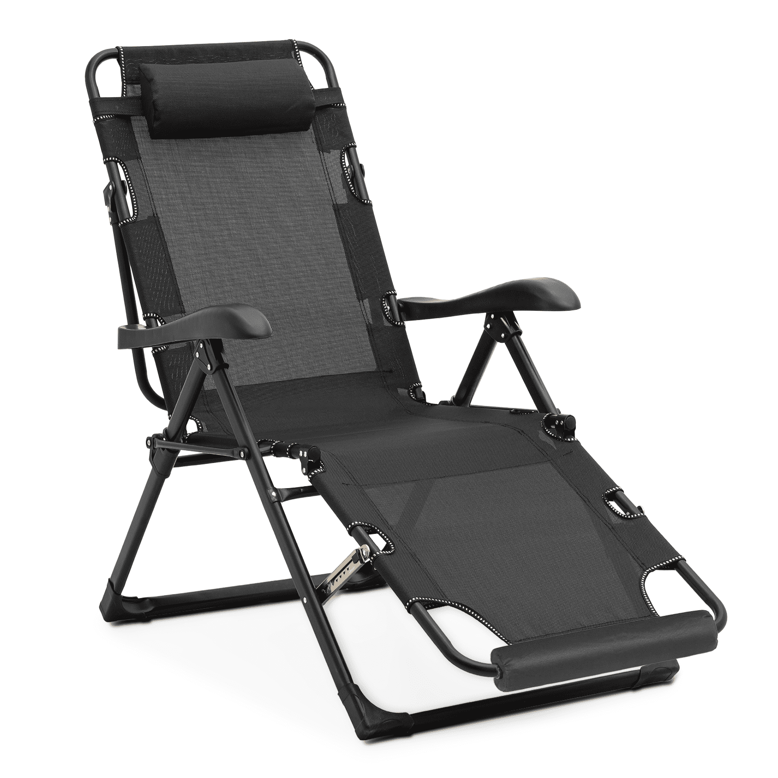 MoNiBloom Patio Lounge Chair with Adjustable Headrest & Foot Pads, Outdoor Folding Reclining Beach Lawn Lounger, Black
