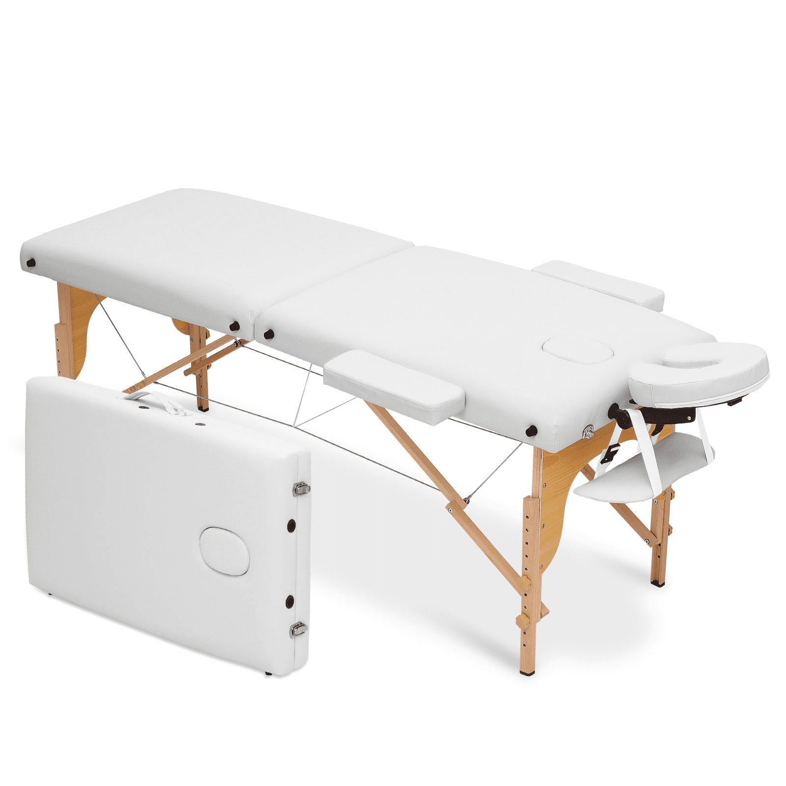 MoNiBloom Portable Massage Table Spa Bed, 24.5" to 33.5" Height Adjustable Two Fold Massage Bed / Facial Salon Tattoo Bed with Carry Bag for Beauty Salon and Family, Beechwood, White