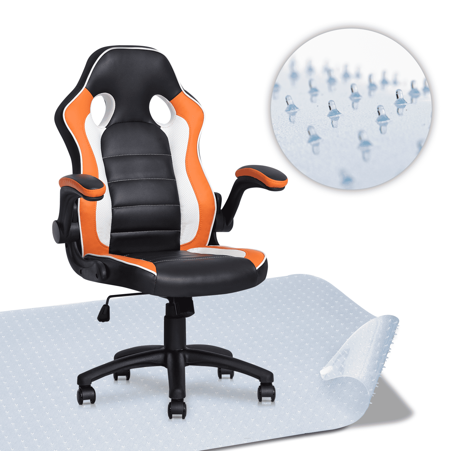 MoNiBloom Swivel PC Game Chair + PVC Mat, High-Back with Adjustable Handrail, Orange