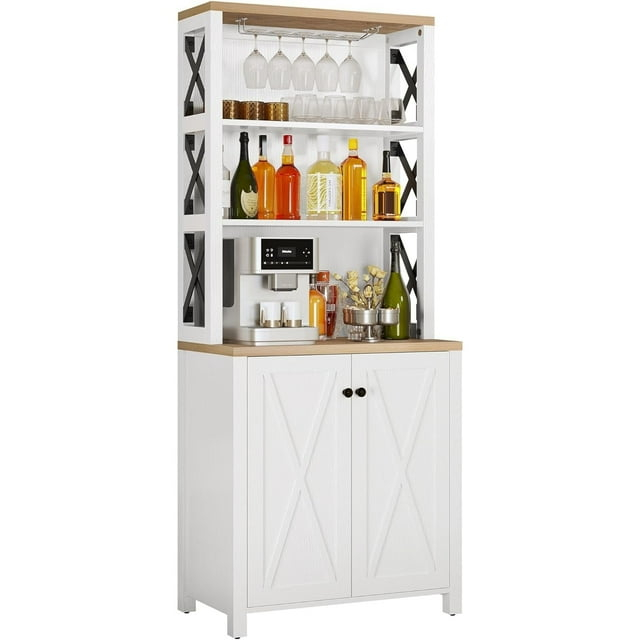 Moasis Bar Cabinet for Liquor and Glasses Dining Kitchen Cabinet with Wine Rack White