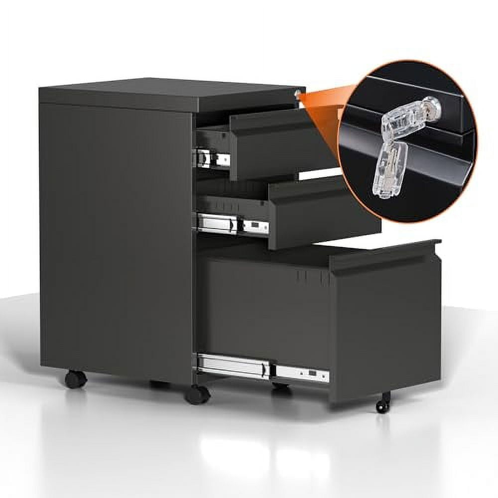 MIIIKO File Cabinet 3 Drawers on Wheels Under Desk, Black Metal Rolling File Cabinets with Lock for Home Office, Un-Assembled Filing Cabinet with Lock