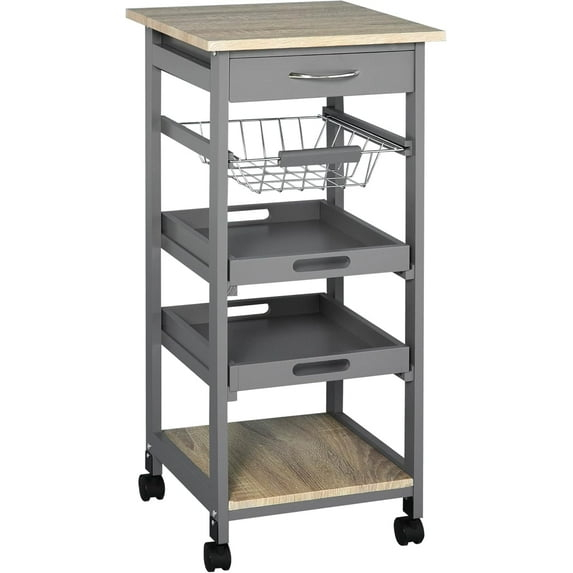 Mobile Rolling Kitchen Island Trolley Serving Cart with Underneath Drawer & Slide-Out Wire Storage Basket, Grey