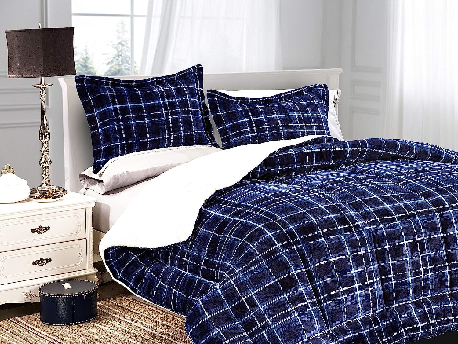 Mocassi Heavy Weight Plaid Pattern 3PC Comforter Set - Micromink Sherpa-Backing, Down Alternative Micro-Suede, 3-Piece Comforter Set, Full/Queen, Navy