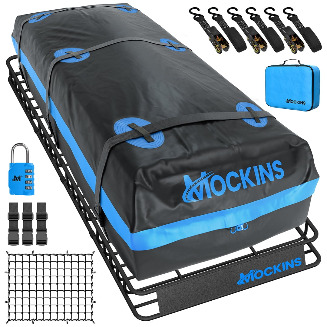 Mockins 84"x39"x6" Extendable Roof Rack Cargo Carrier Set with 35 Cu. Ft. Blue Rooftop Cargo Carrier Bag, Net, Straps, Lock and Carry Case